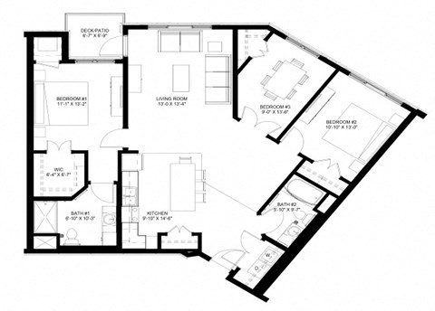 Floor plan for 3 beds, 2 baths, 1360 sqft